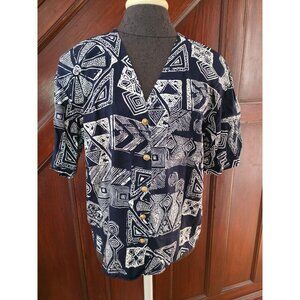 Vintage Norton McNaughton Blue Geometric Print Short Sleeve Blouse Size 8 Womens